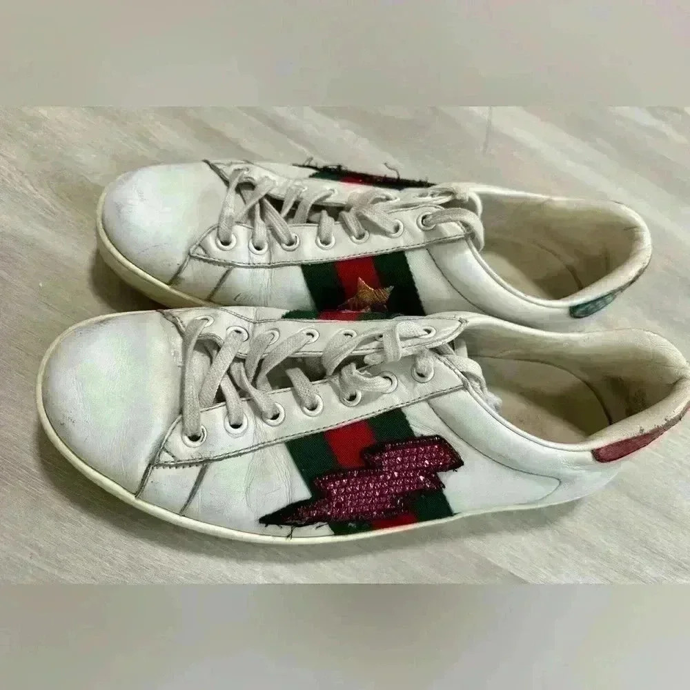 Gucci White Leather Ace Sneakers Lightning Bolt Star Red Green Mens Size 8G - Picture 2 of 14
